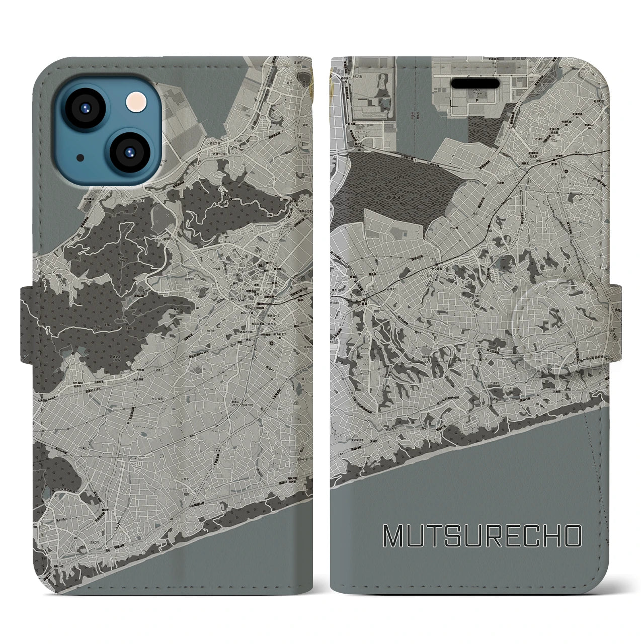 【六連町(愛知県)】地図柄iPhoneケース(手帳タイプ)モノトーン・iPhone 13 用