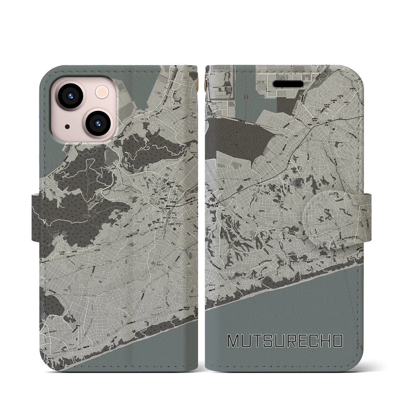 【六連町(愛知県)】地図柄iPhoneケース(手帳タイプ)モノトーン・iPhone 13 mini 用