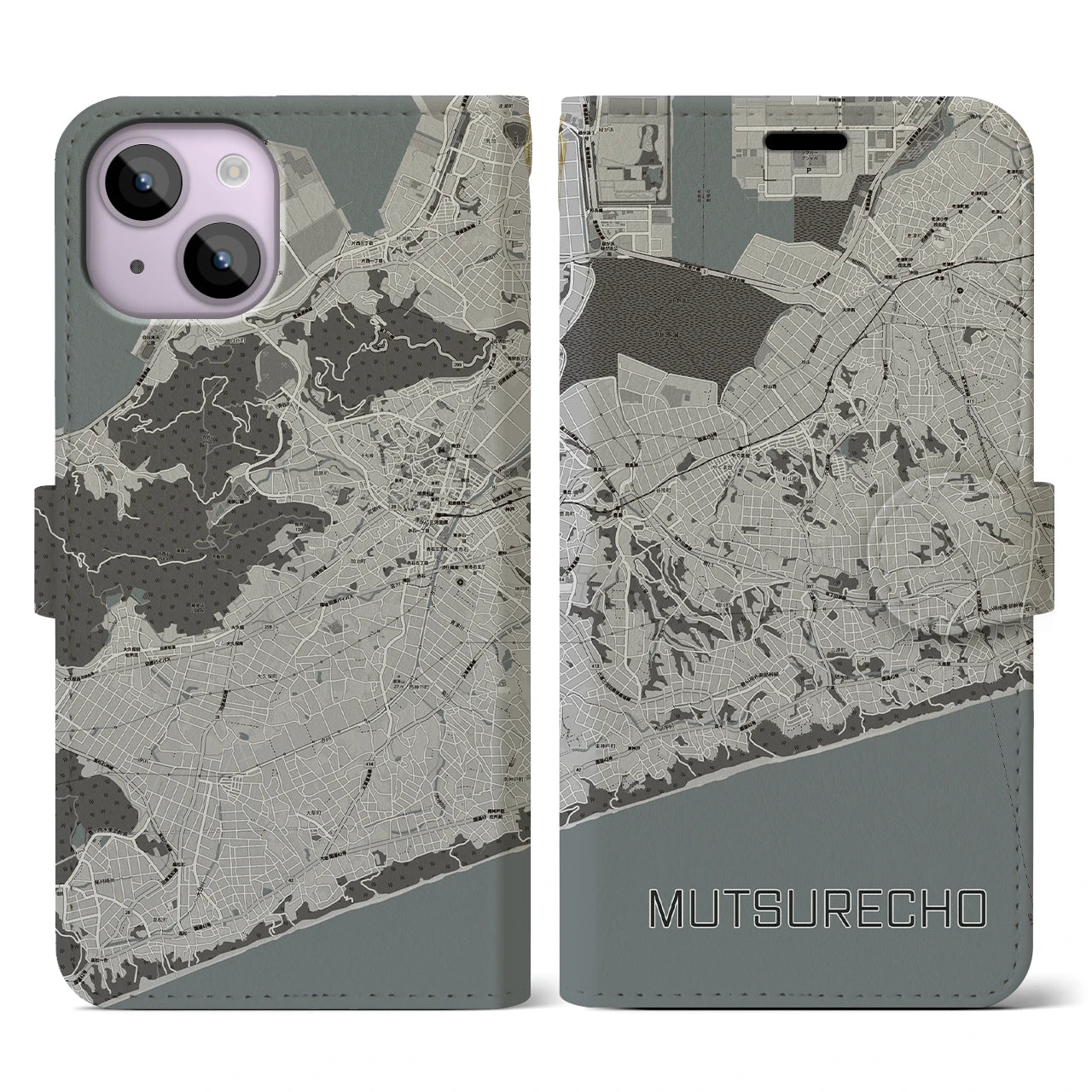 【六連町(愛知県)】地図柄iPhoneケース(手帳タイプ)モノトーン・iPhone 14 用