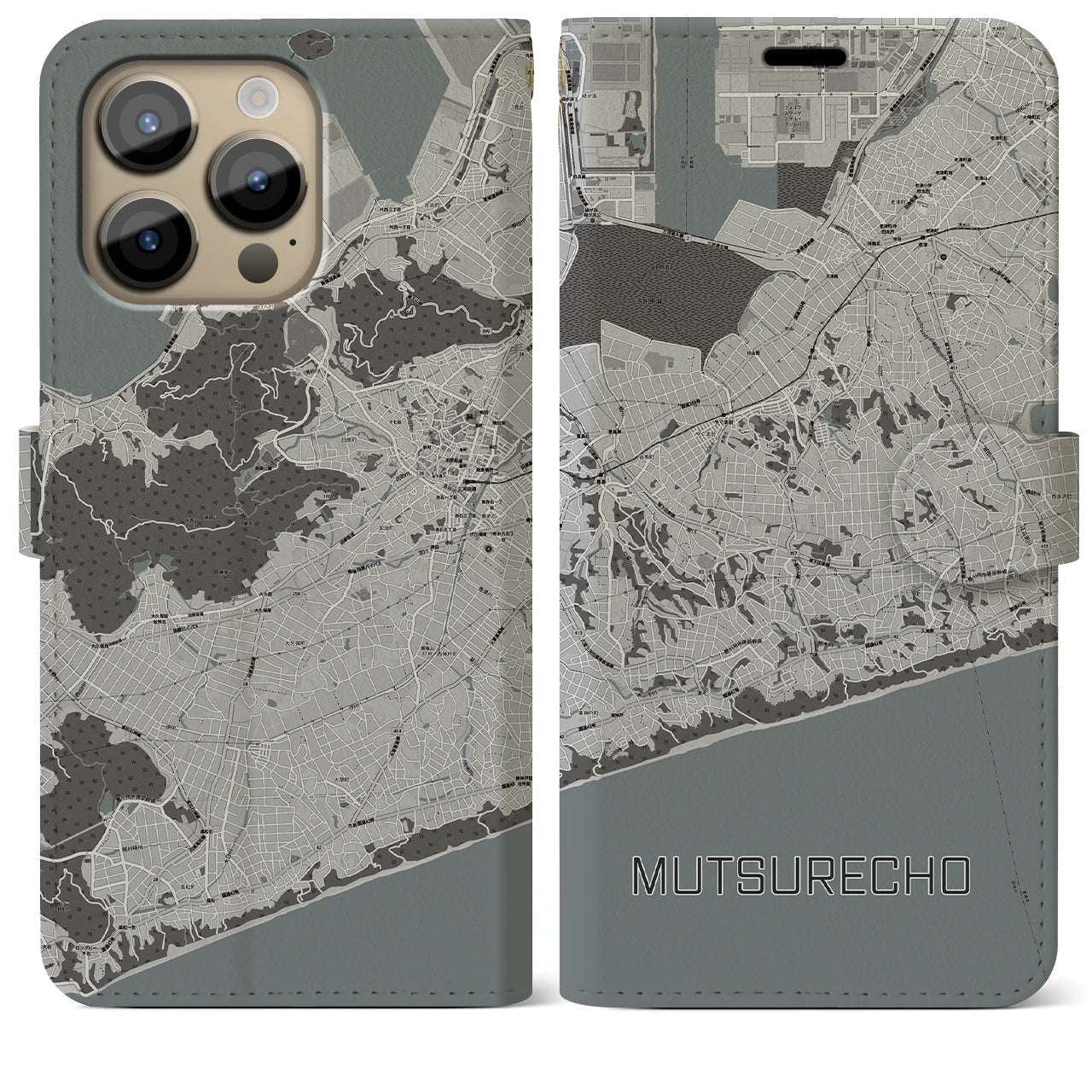 【六連町(愛知県)】地図柄iPhoneケース(手帳タイプ)モノトーン・iPhone 14 Pro Max 用