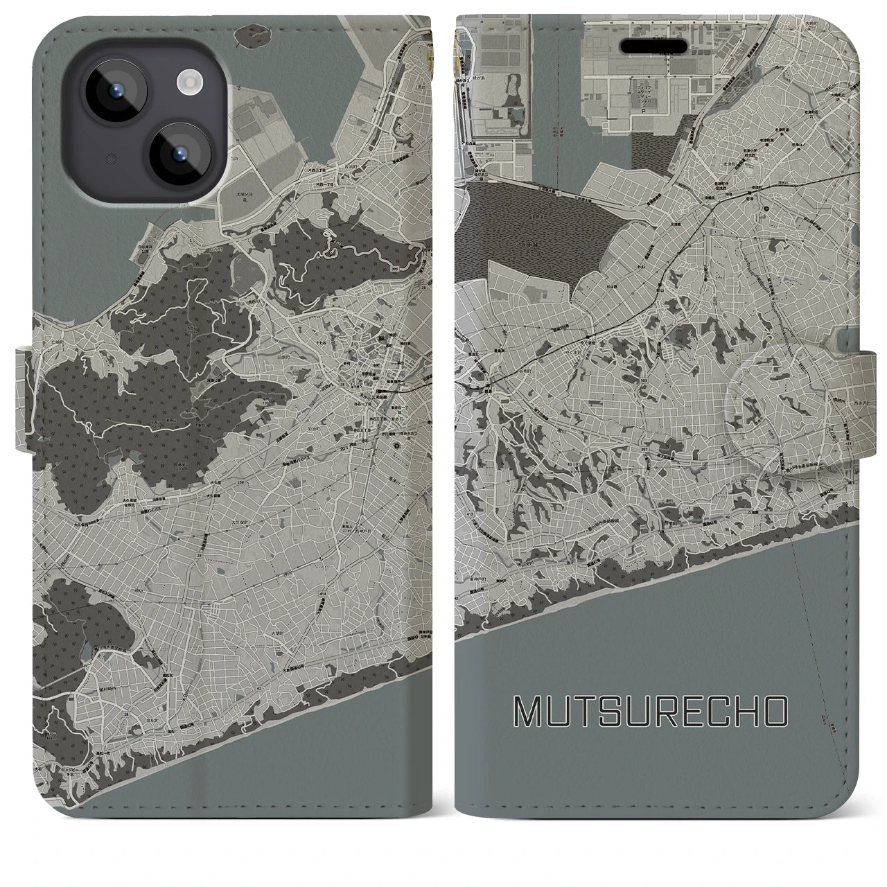 【六連町(愛知県)】地図柄iPhoneケース(手帳タイプ)モノトーン・iPhone 14 Plus 用