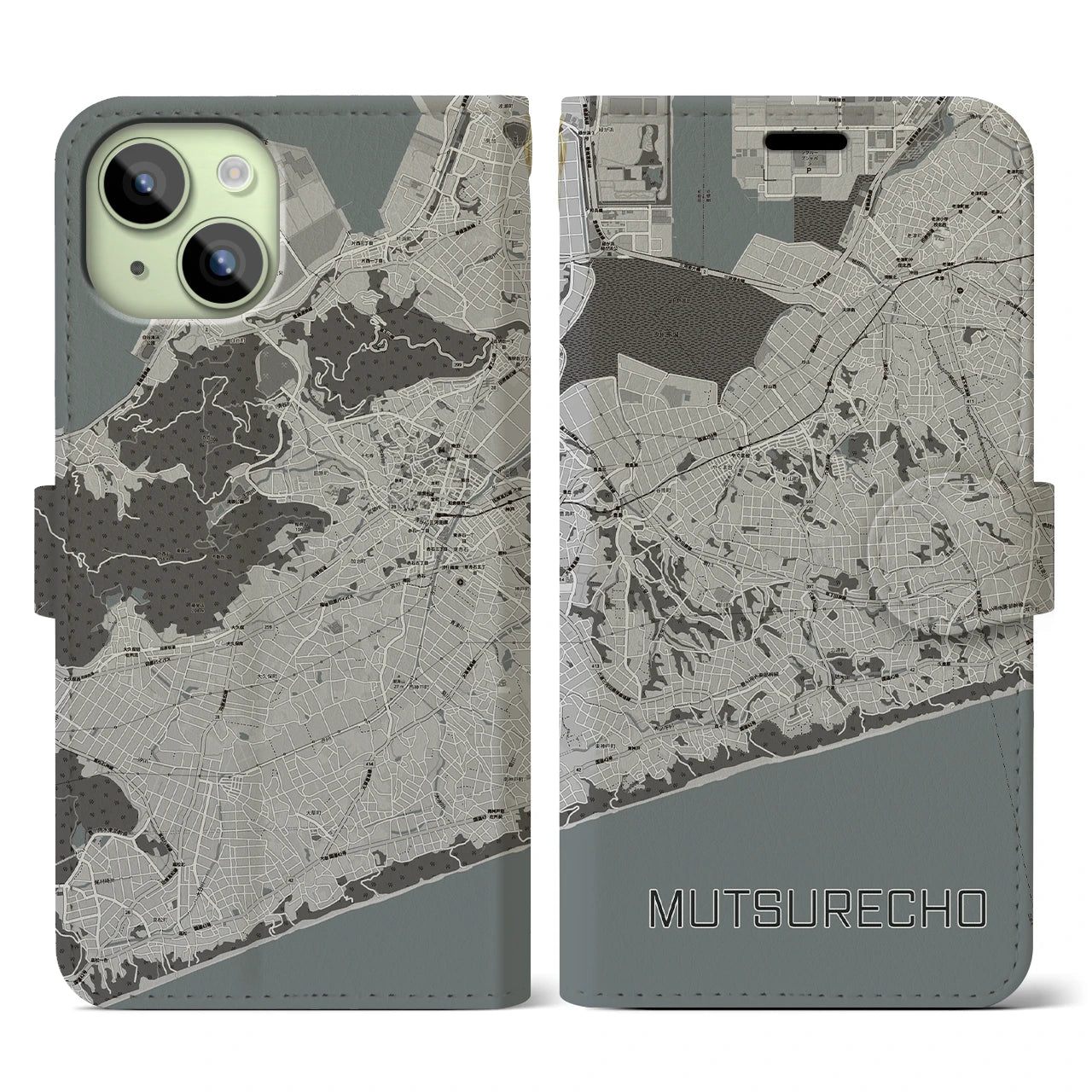 【六連町(愛知県)】地図柄iPhoneケース(手帳タイプ)モノトーン・iPhone 15 用