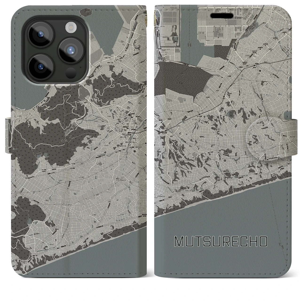 【六連町(愛知県)】地図柄iPhoneケース(手帳タイプ)モノトーン・iPhone 15 Pro Max 用