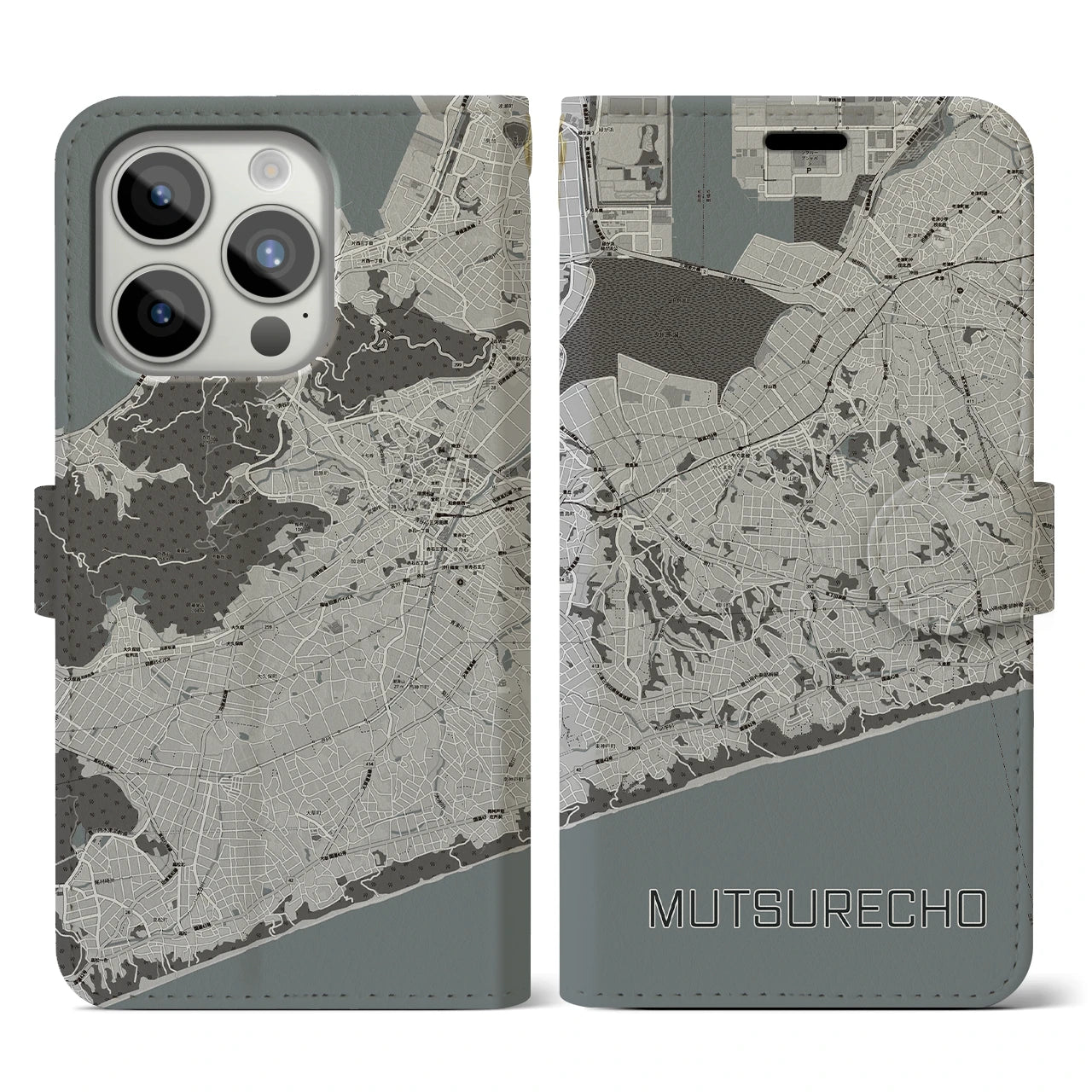 【六連町(愛知県)】地図柄iPhoneケース(手帳タイプ)モノトーン・iPhone 15 Pro 用