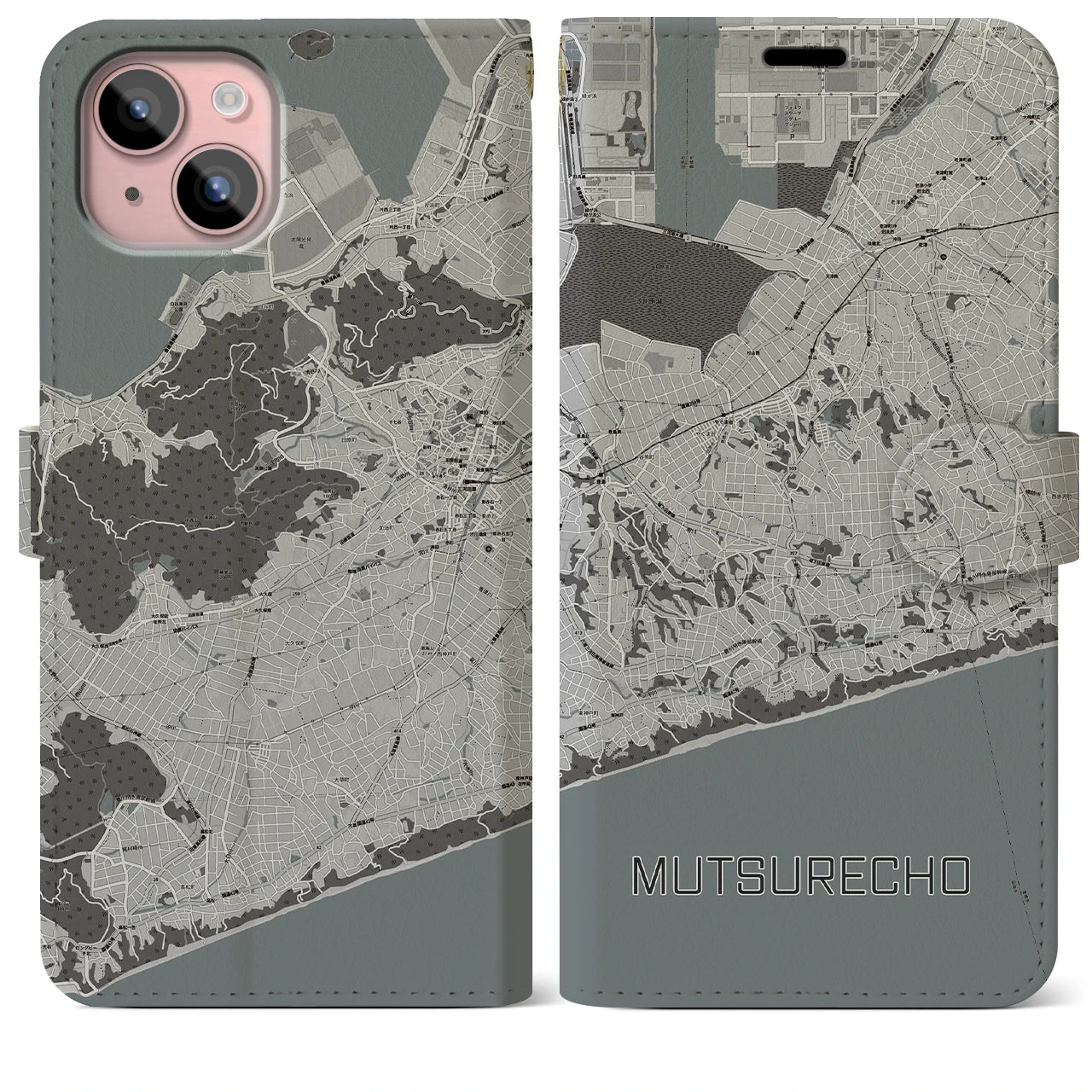 【六連町(愛知県)】地図柄iPhoneケース(手帳タイプ)モノトーン・iPhone 15 Plus 用