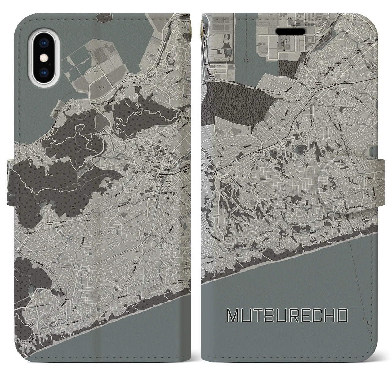 【六連町(愛知県)】地図柄iPhoneケース(手帳タイプ)モノトーン・iPhone XS Max 用