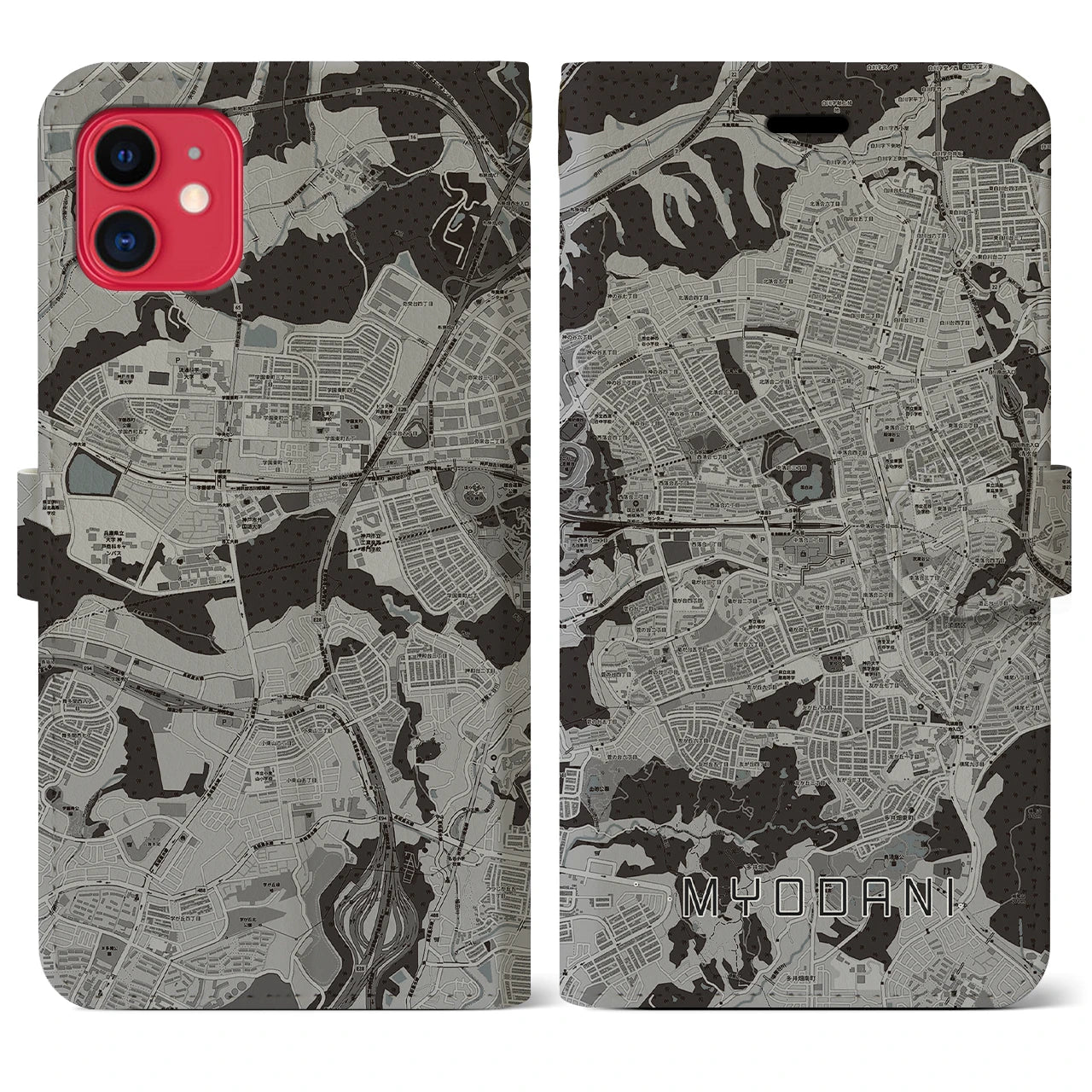 【名谷(兵庫県)】地図柄iPhoneケース(手帳タイプ)モノトーン・iPhone 11 用