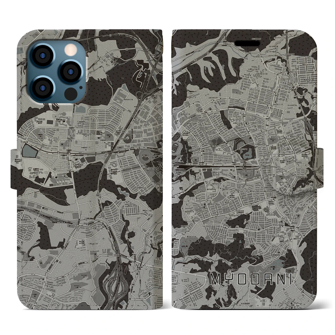 【名谷(兵庫県)】地図柄iPhoneケース(手帳タイプ)モノトーン・iPhone 12 / 12 Pro 用