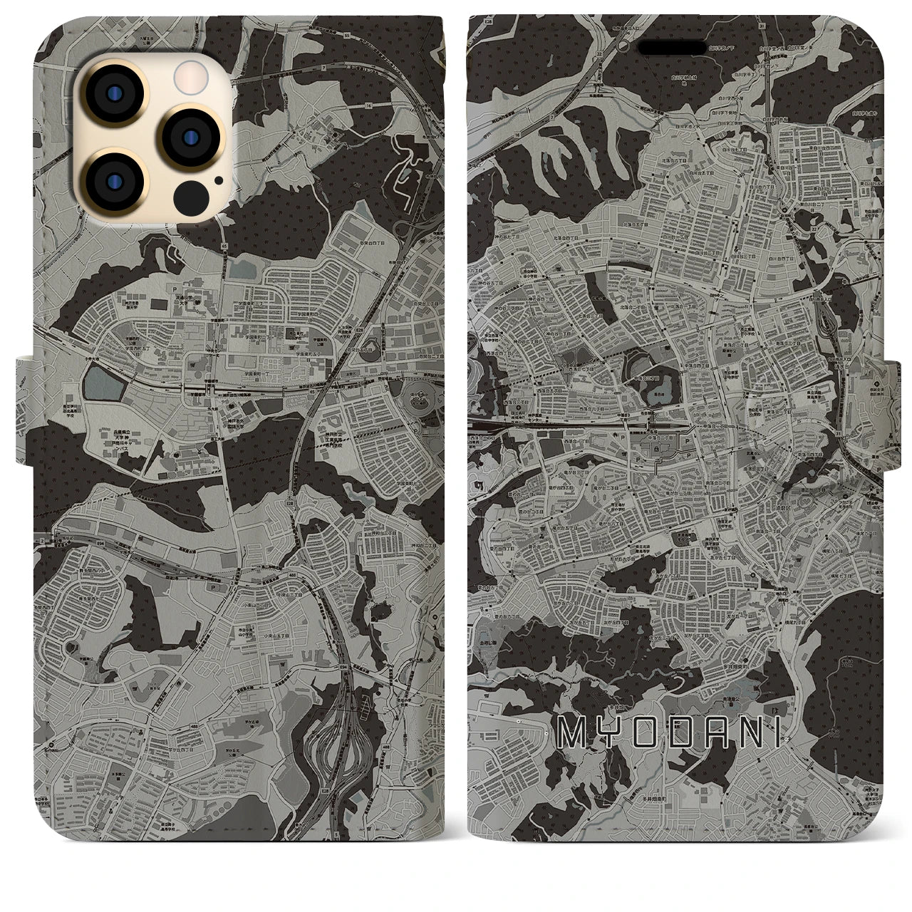 【名谷(兵庫県)】地図柄iPhoneケース(手帳タイプ)モノトーン・iPhone 12 Pro Max 用