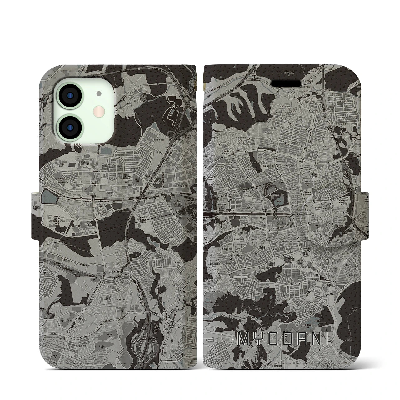 【名谷(兵庫県)】地図柄iPhoneケース(手帳タイプ)モノトーン・iPhone 12 mini 用