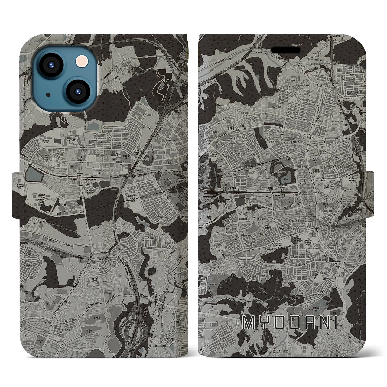 【名谷(兵庫県)】地図柄iPhoneケース(手帳タイプ)モノトーン・iPhone 13 用