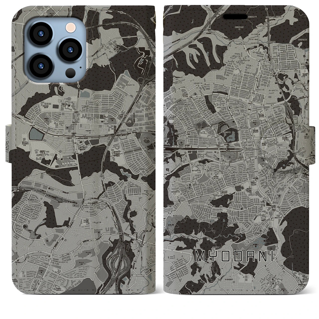 【名谷(兵庫県)】地図柄iPhoneケース(手帳タイプ)モノトーン・iPhone 13 Pro Max 用