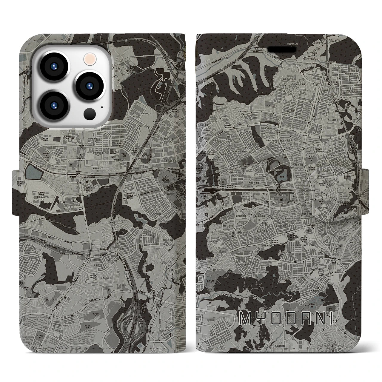 【名谷(兵庫県)】地図柄iPhoneケース(手帳タイプ)モノトーン・iPhone 13 Pro 用