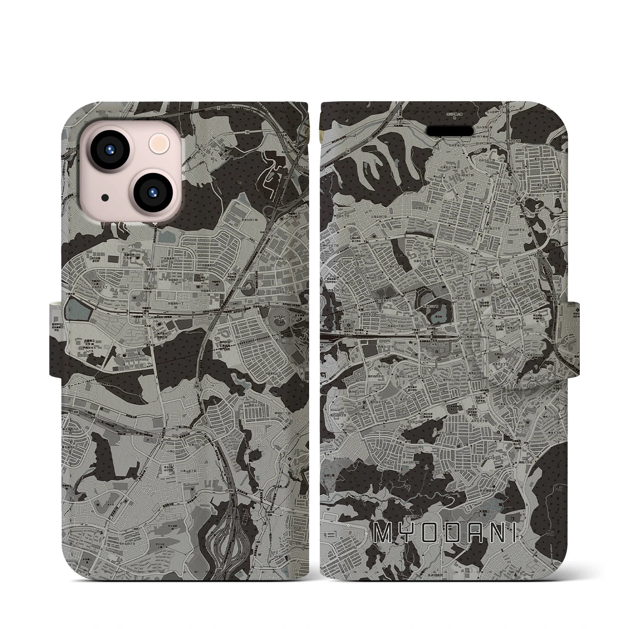 【名谷(兵庫県)】地図柄iPhoneケース(手帳タイプ)モノトーン・iPhone 13 mini 用