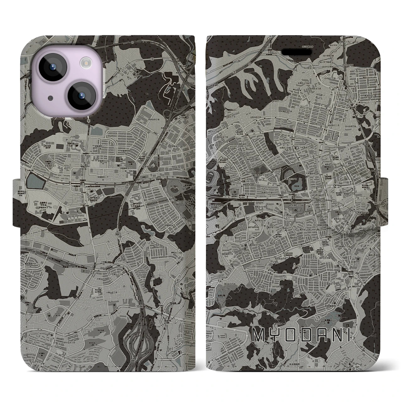 【名谷(兵庫県)】地図柄iPhoneケース(手帳タイプ)モノトーン・iPhone 14 用