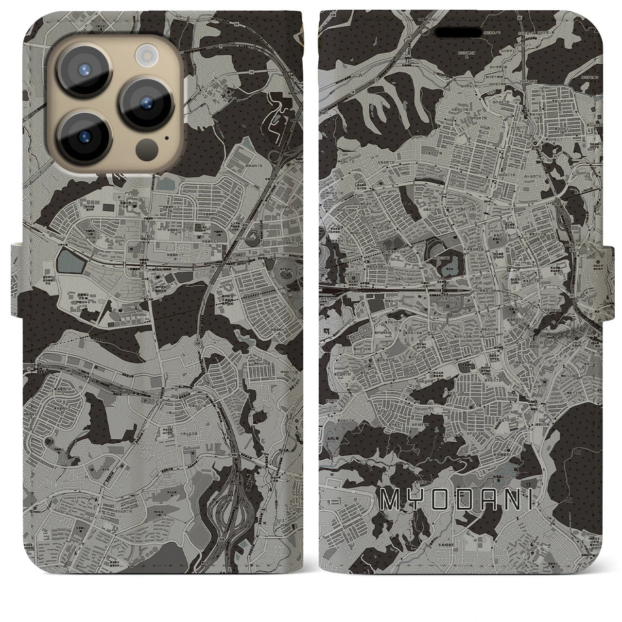 【名谷(兵庫県)】地図柄iPhoneケース(手帳タイプ)モノトーン・iPhone 14 Pro Max 用