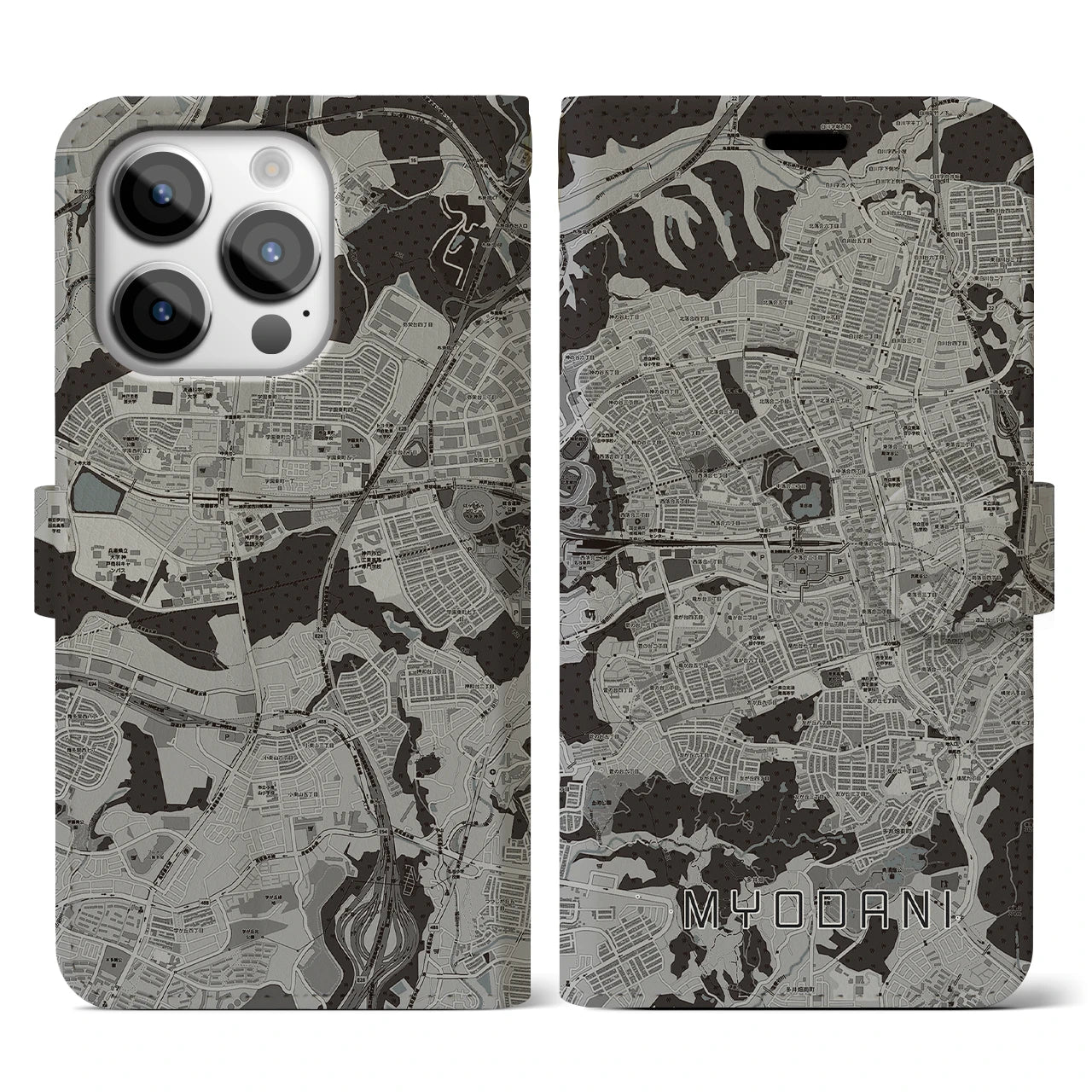 【名谷(兵庫県)】地図柄iPhoneケース(手帳タイプ)モノトーン・iPhone 14 Pro 用