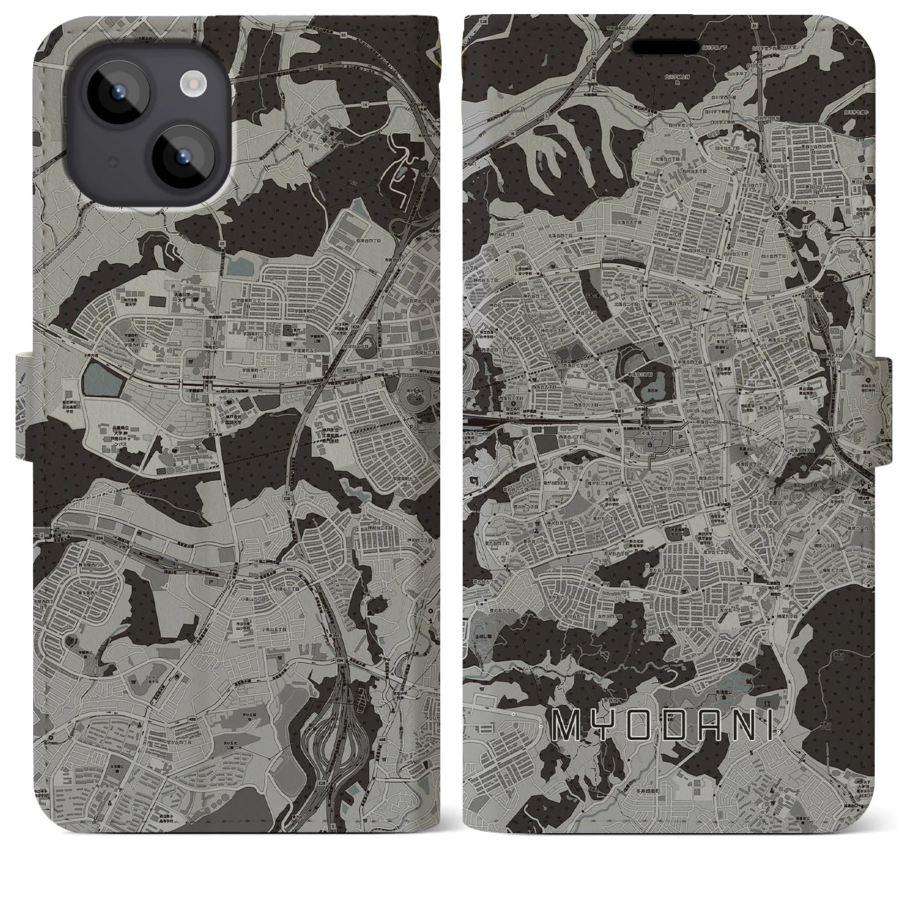 【名谷(兵庫県)】地図柄iPhoneケース(手帳タイプ)モノトーン・iPhone 14 Plus 用