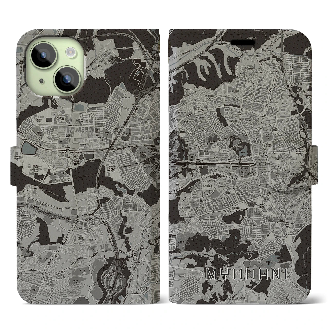 【名谷(兵庫県)】地図柄iPhoneケース(手帳タイプ)モノトーン・iPhone 15 用