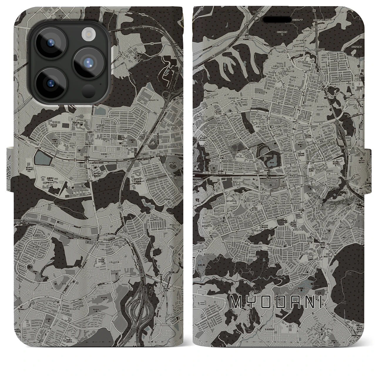 【名谷(兵庫県)】地図柄iPhoneケース(手帳タイプ)モノトーン・iPhone 15 Pro Max 用