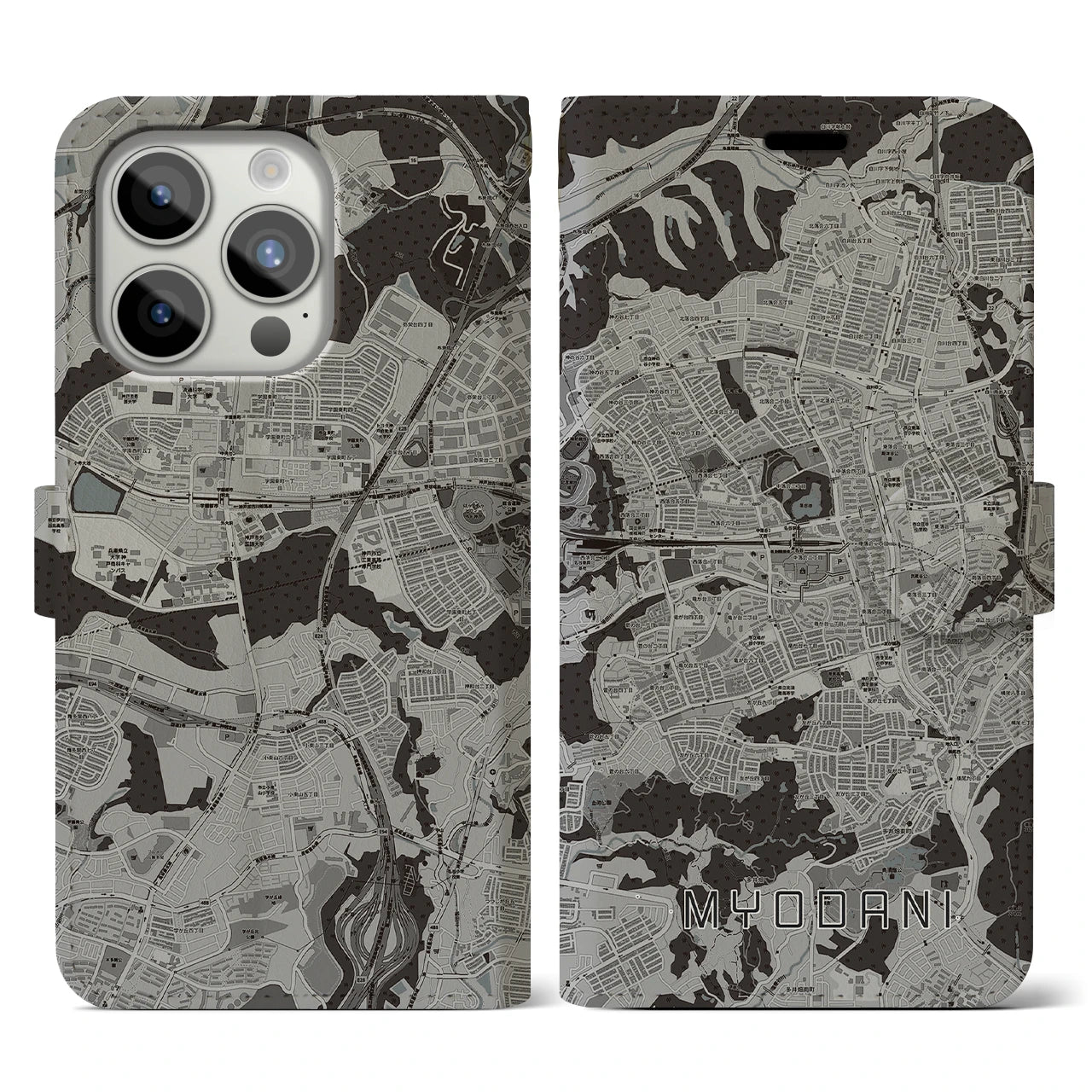 【名谷(兵庫県)】地図柄iPhoneケース(手帳タイプ)モノトーン・iPhone 15 Pro 用