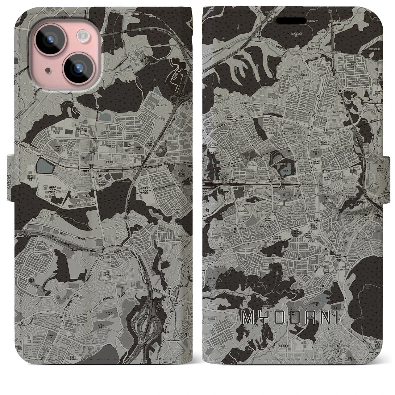 【名谷(兵庫県)】地図柄iPhoneケース(手帳タイプ)モノトーン・iPhone 15 Plus 用