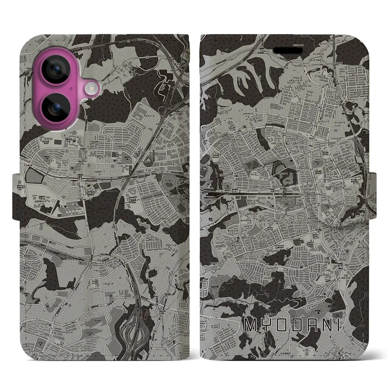 【名谷(兵庫県)】地図柄iPhoneケース(手帳タイプ)モノトーン・iPhone 16 Pro 用