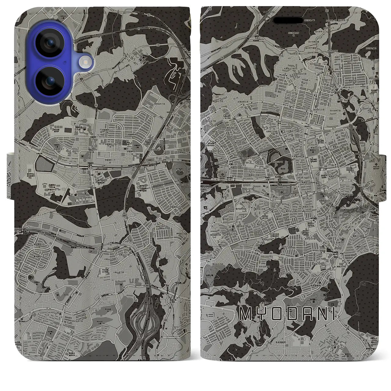 【名谷(兵庫県)】地図柄iPhoneケース(手帳タイプ)モノトーン・iPhone 16 Pro Max 用