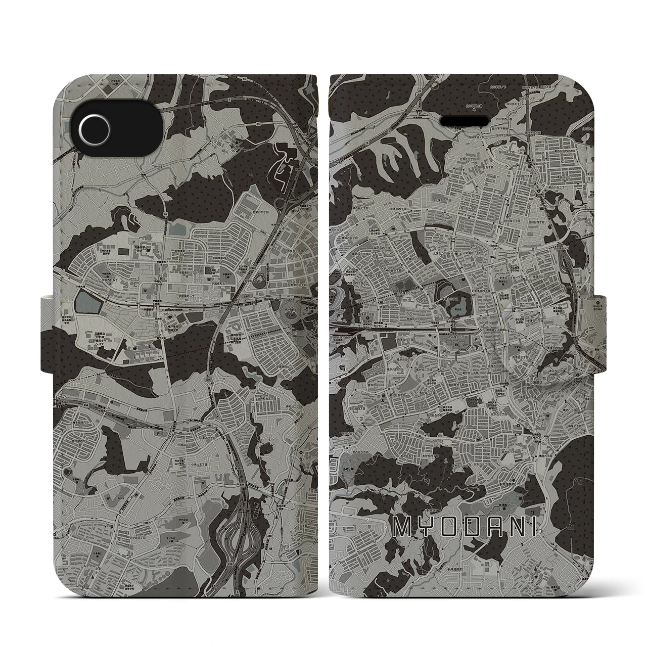 【名谷(兵庫県)】地図柄iPhoneケース(手帳タイプ)モノトーン・iPhone SE(第3 / 第2世代) / 8 / 7 / 6s / 6 用