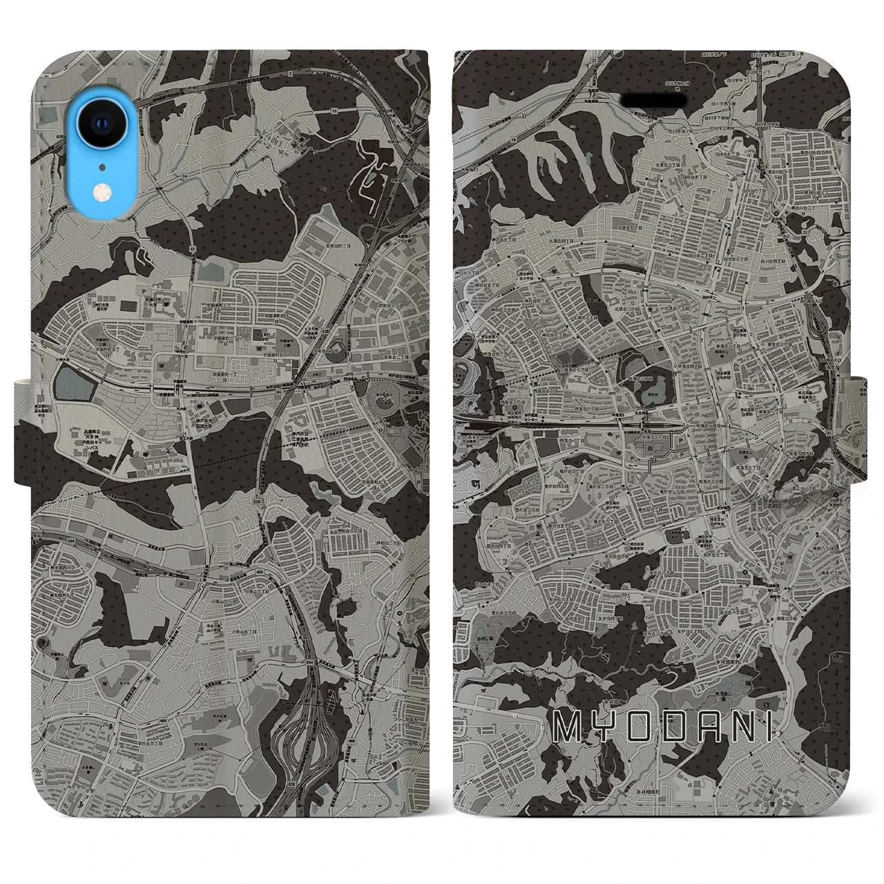 【名谷(兵庫県)】地図柄iPhoneケース(手帳タイプ)モノトーン・iPhone XR 用