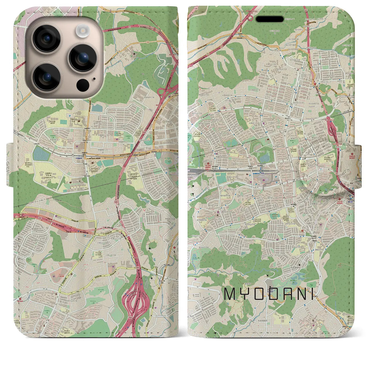 【名谷(兵庫県)】地図柄iPhoneケース(手帳タイプ)ナチュラル・iPhone 16 Plus 用