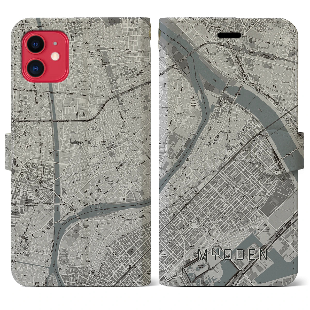 【妙典(千葉県)】地図柄iPhoneケース(手帳タイプ)モノトーン・iPhone 11 用