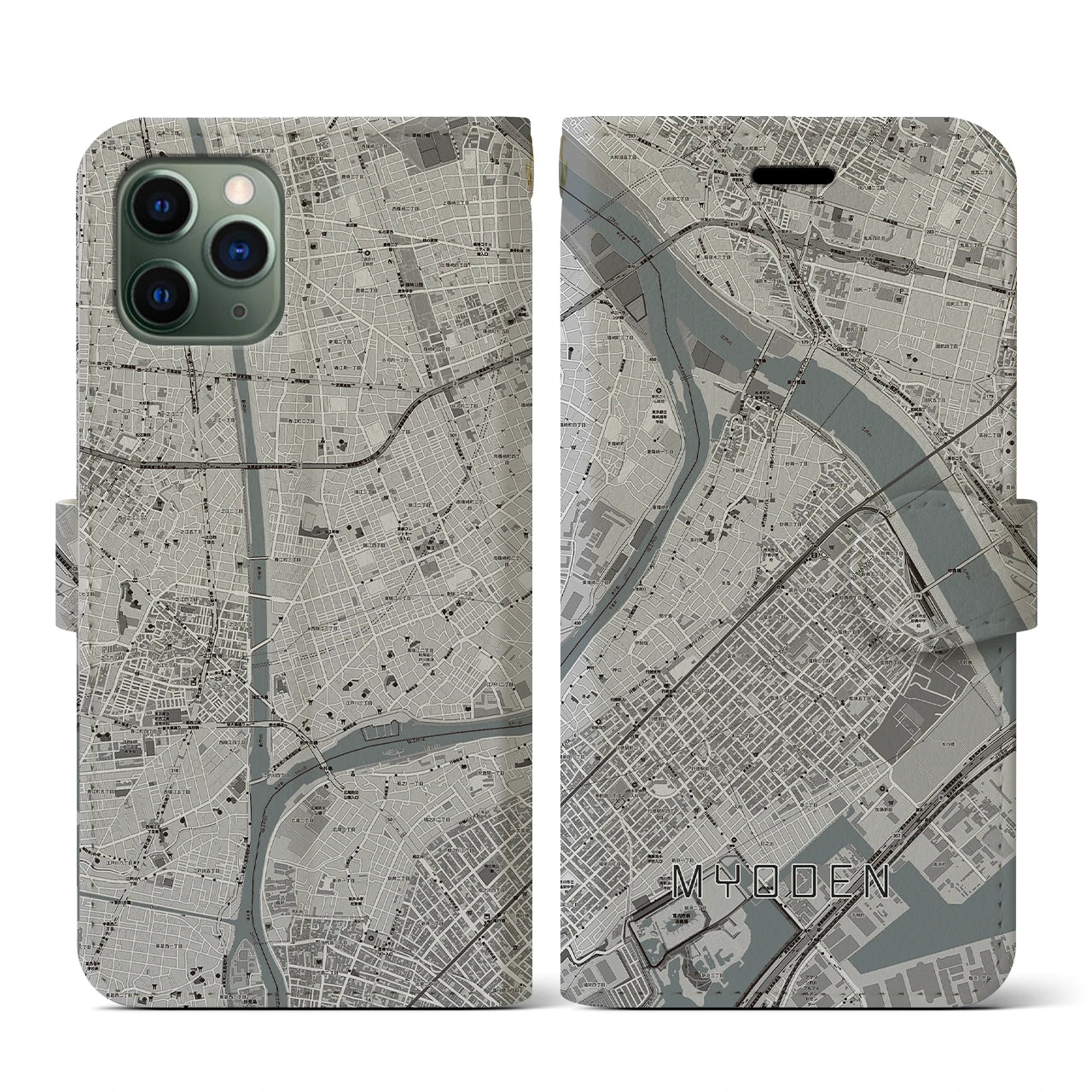 【妙典(千葉県)】地図柄iPhoneケース(手帳タイプ)モノトーン・iPhone 11 Pro 用