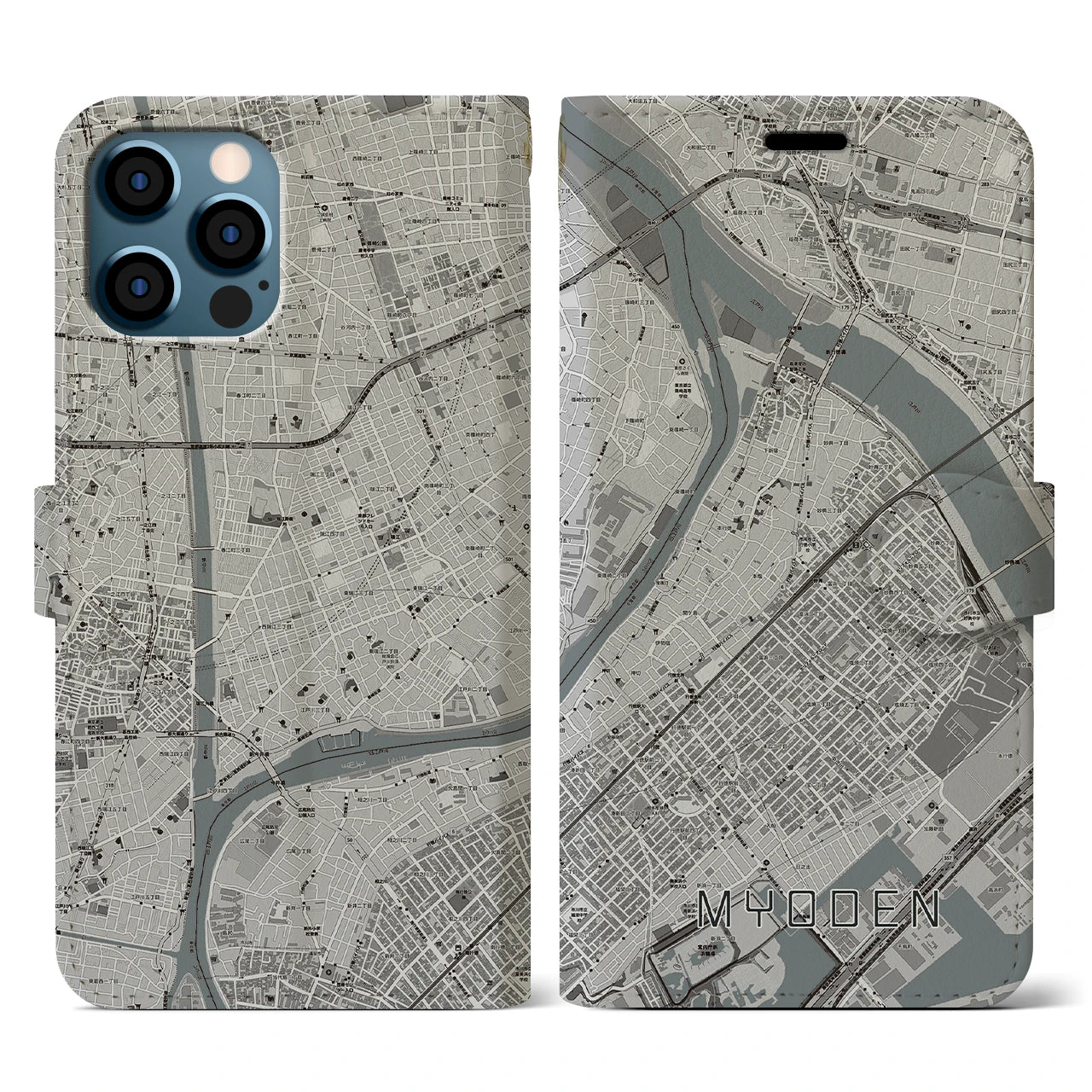 【妙典(千葉県)】地図柄iPhoneケース(手帳タイプ)モノトーン・iPhone 12 / 12 Pro 用