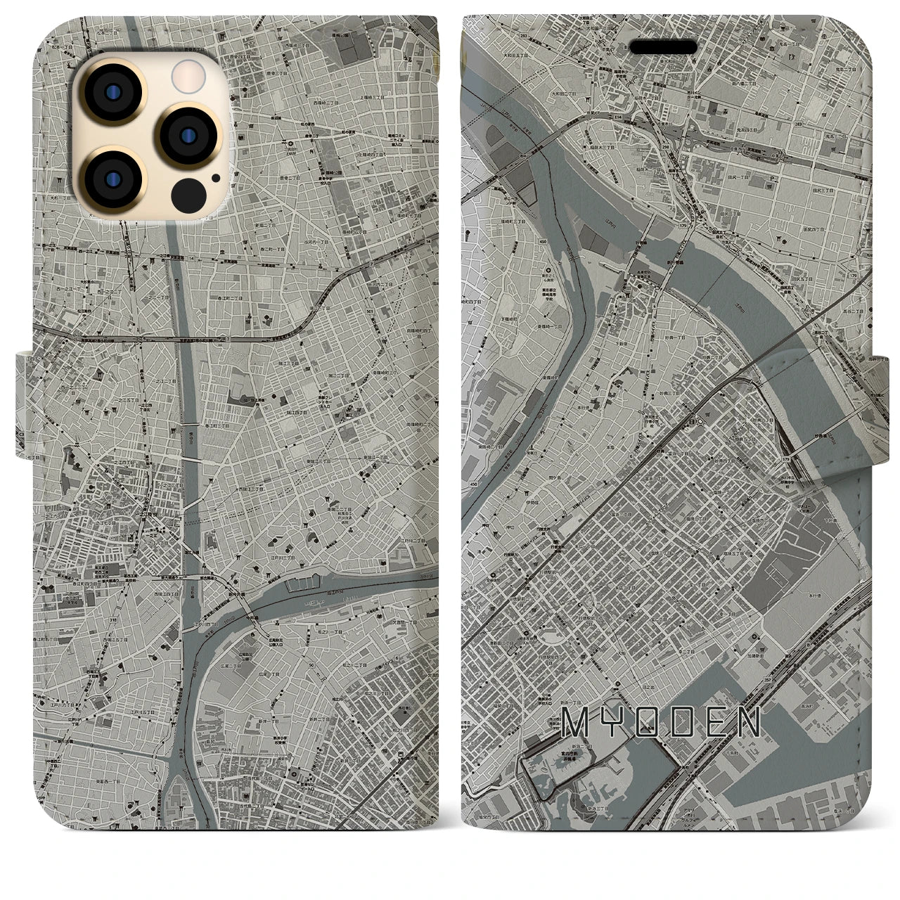 【妙典(千葉県)】地図柄iPhoneケース(手帳タイプ)モノトーン・iPhone 12 Pro Max 用