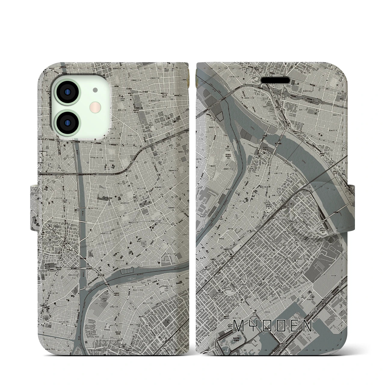 【妙典(千葉県)】地図柄iPhoneケース(手帳タイプ)モノトーン・iPhone 12 mini 用