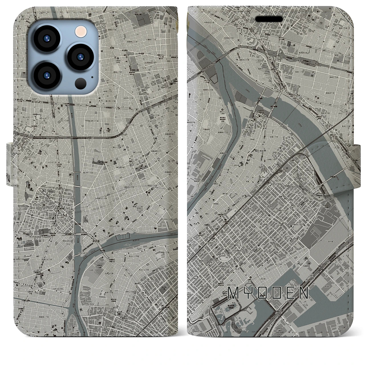 【妙典(千葉県)】地図柄iPhoneケース(手帳タイプ)モノトーン・iPhone 13 Pro Max 用