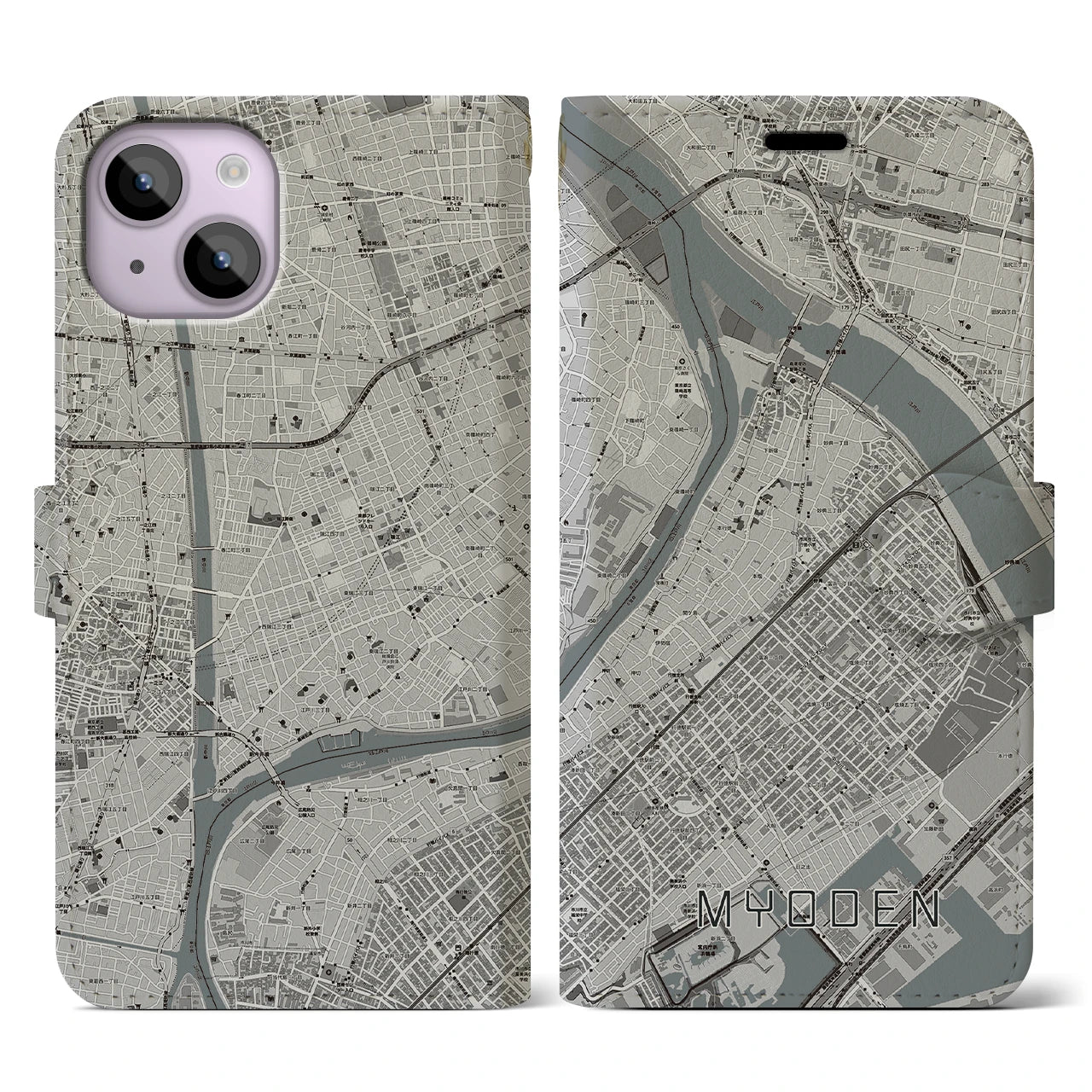 【妙典(千葉県)】地図柄iPhoneケース(手帳タイプ)モノトーン・iPhone 14 用