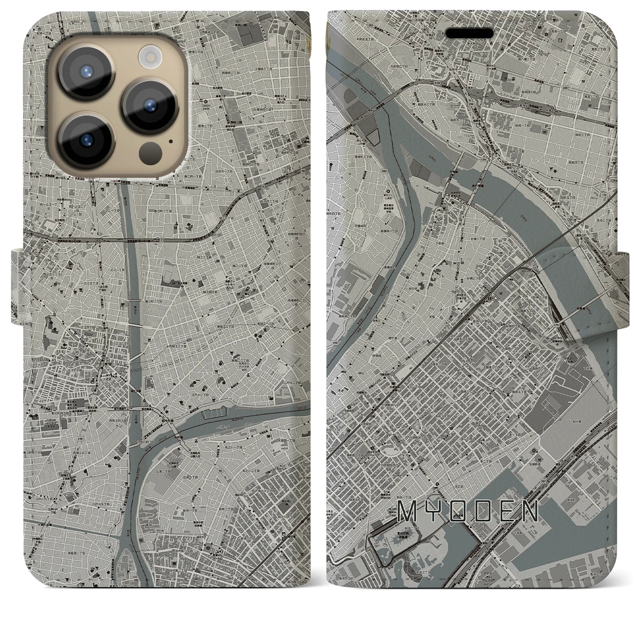 【妙典(千葉県)】地図柄iPhoneケース(手帳タイプ)モノトーン・iPhone 14 Pro Max 用