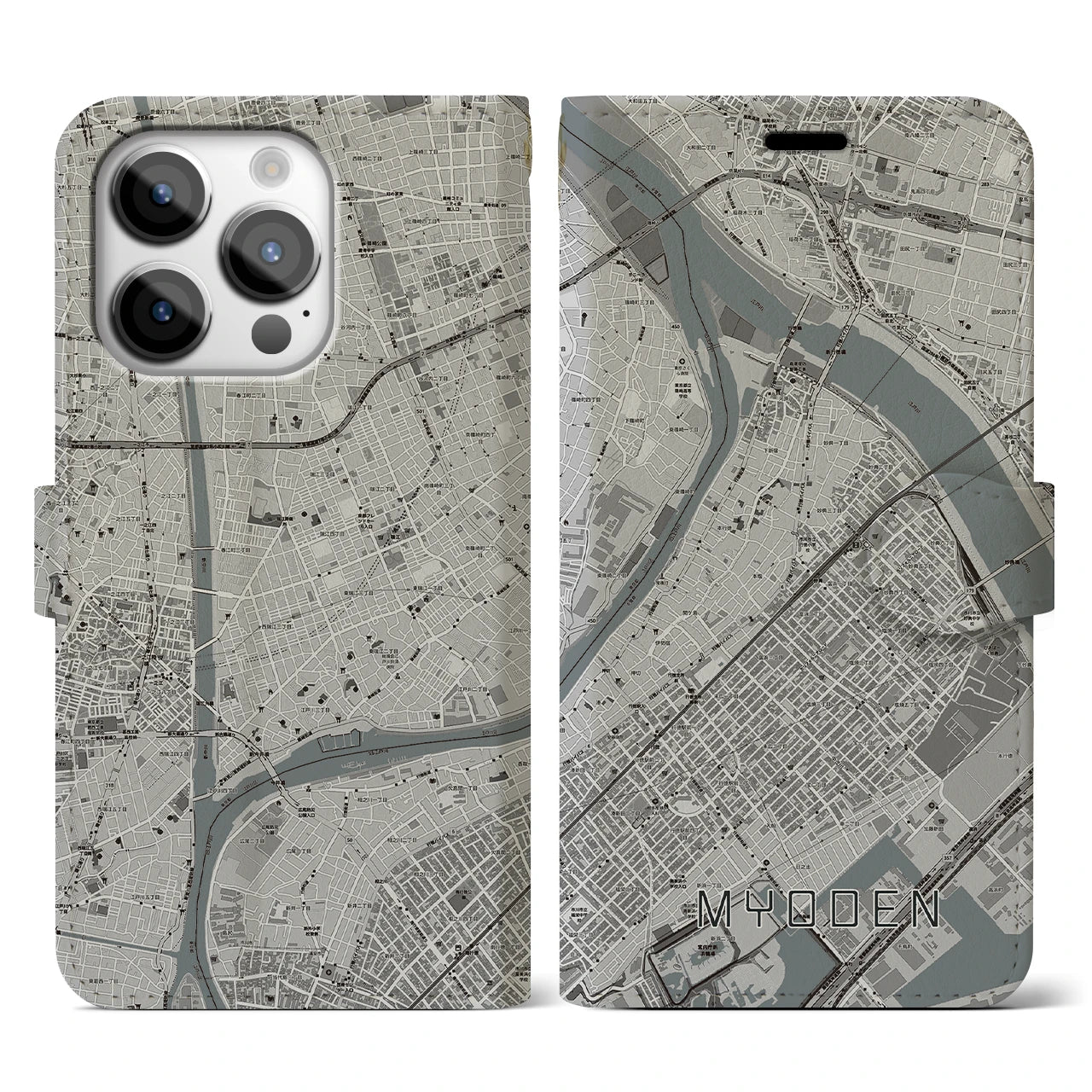 【妙典(千葉県)】地図柄iPhoneケース(手帳タイプ)モノトーン・iPhone 14 Pro 用
