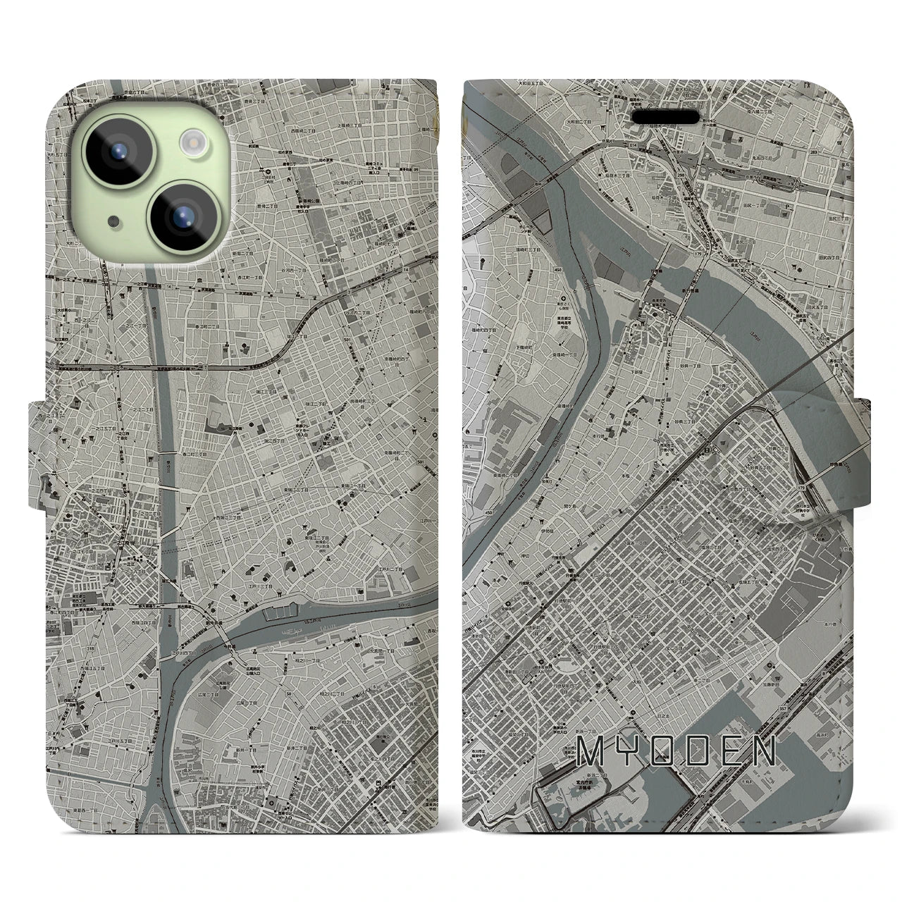 【妙典(千葉県)】地図柄iPhoneケース(手帳タイプ)モノトーン・iPhone 15 用