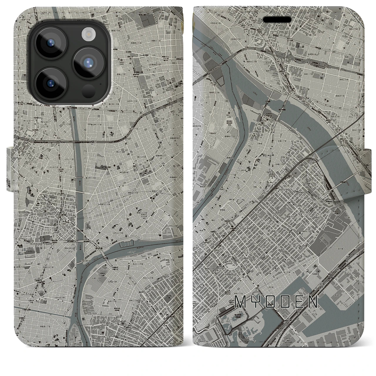 【妙典(千葉県)】地図柄iPhoneケース(手帳タイプ)モノトーン・iPhone 15 Pro Max 用