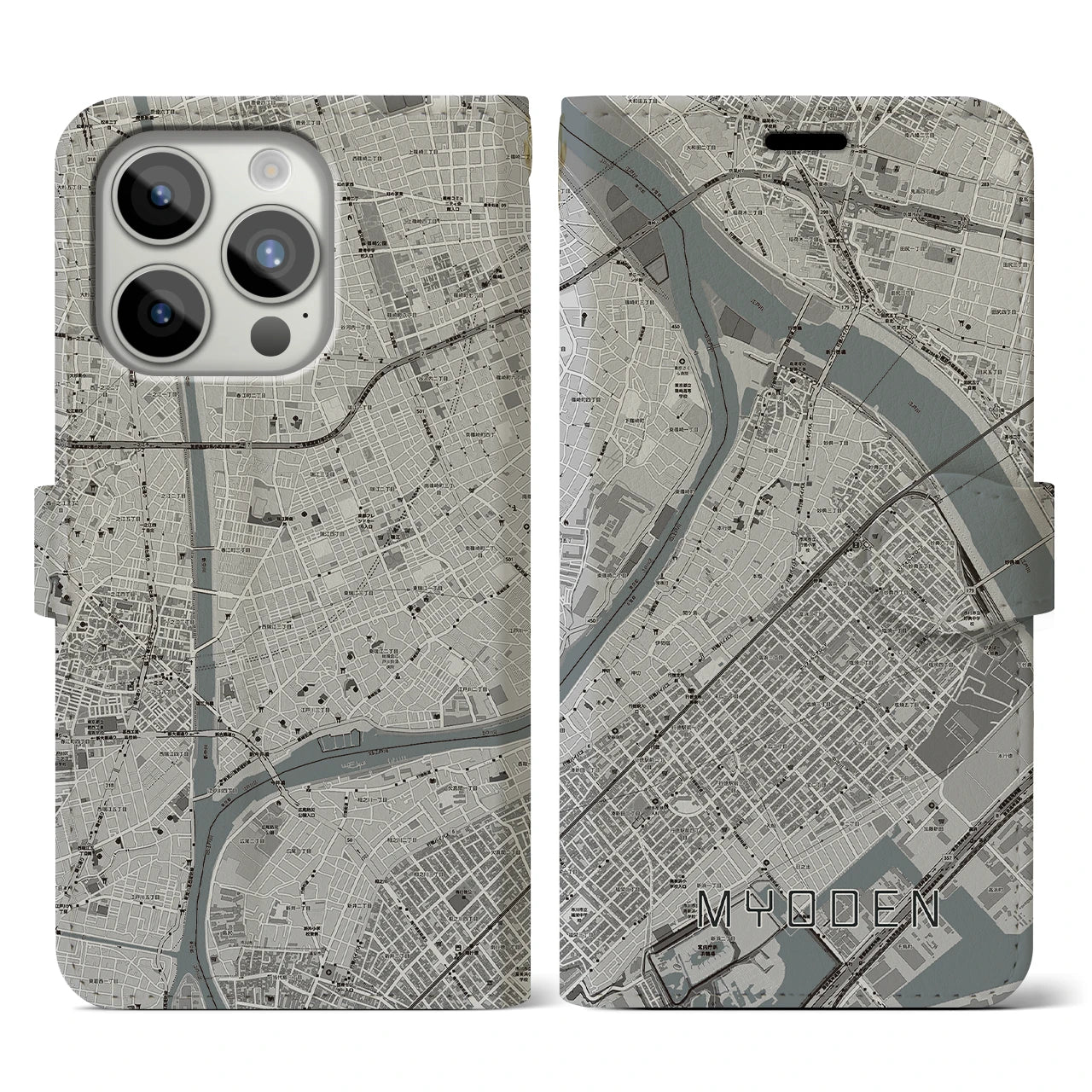 【妙典(千葉県)】地図柄iPhoneケース(手帳タイプ)モノトーン・iPhone 15 Pro 用