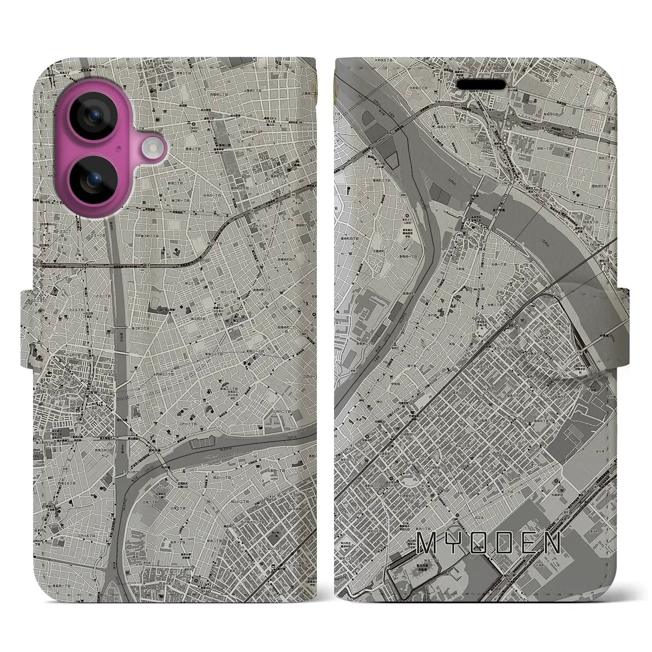 【妙典(千葉県)】地図柄iPhoneケース(手帳タイプ)モノトーン・iPhone 16 Pro 用