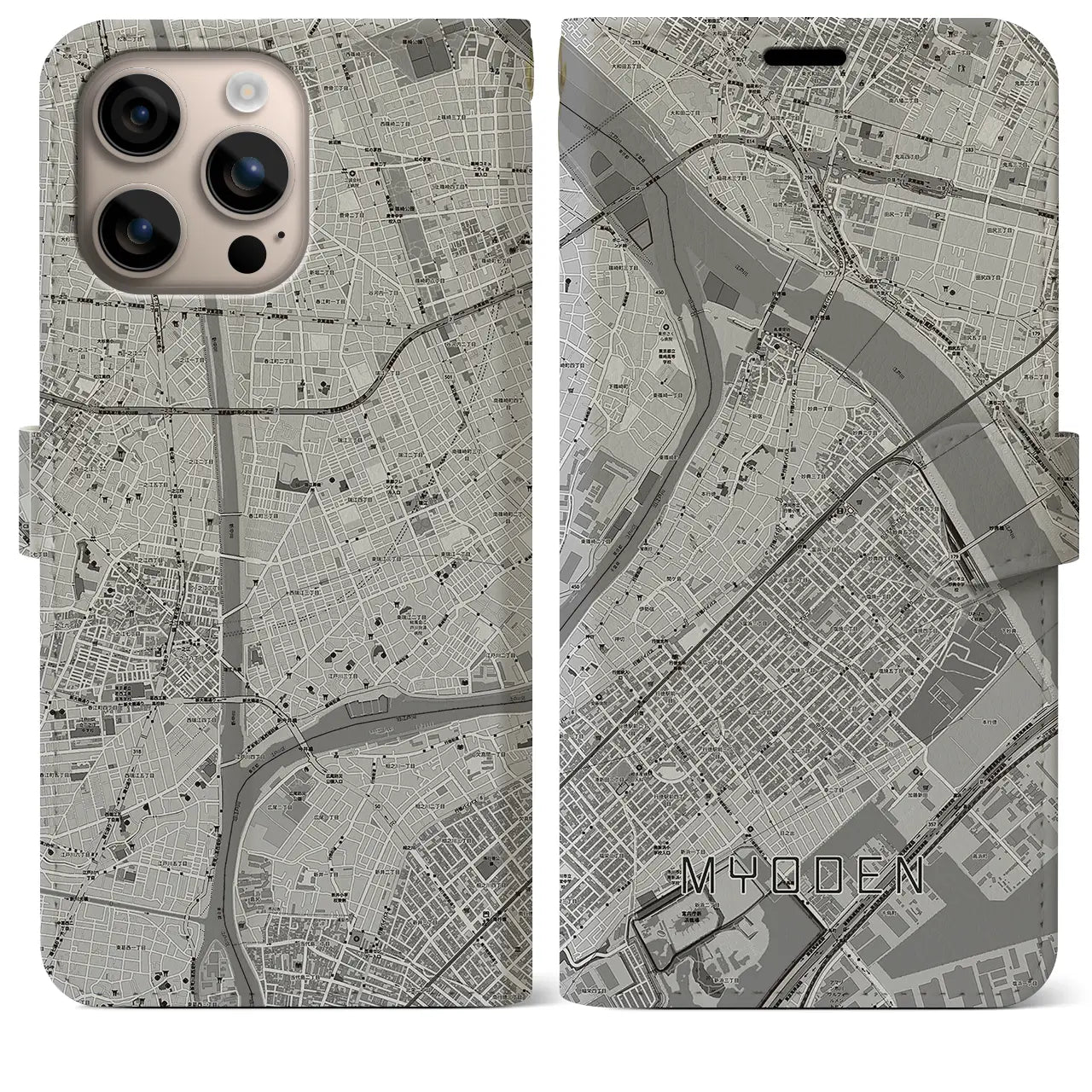 【妙典(千葉県)】地図柄iPhoneケース(手帳タイプ)モノトーン・iPhone 16 Plus 用