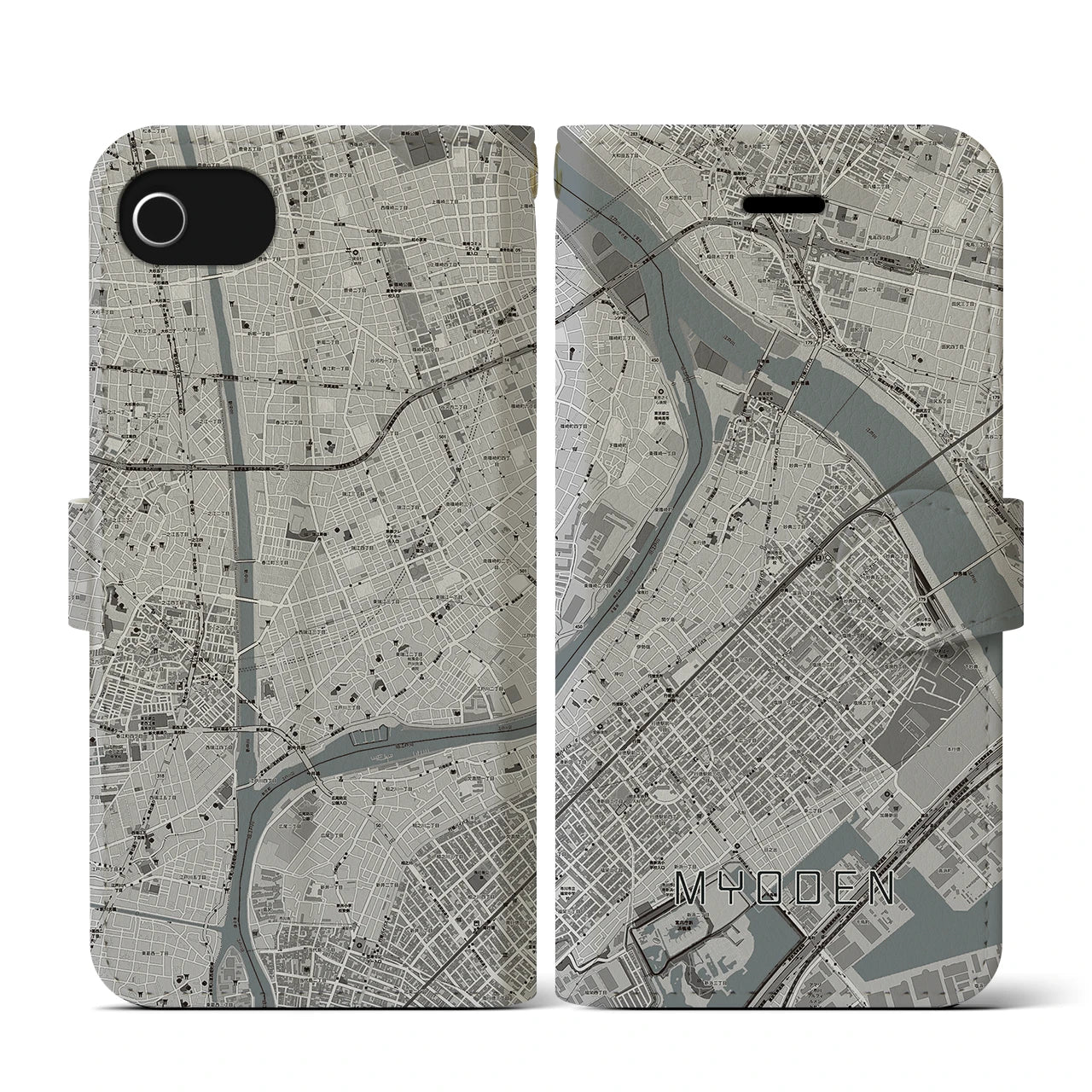 【妙典(千葉県)】地図柄iPhoneケース(手帳タイプ)モノトーン・iPhone SE(第3 / 第2世代) / 8 / 7 / 6s / 6 用