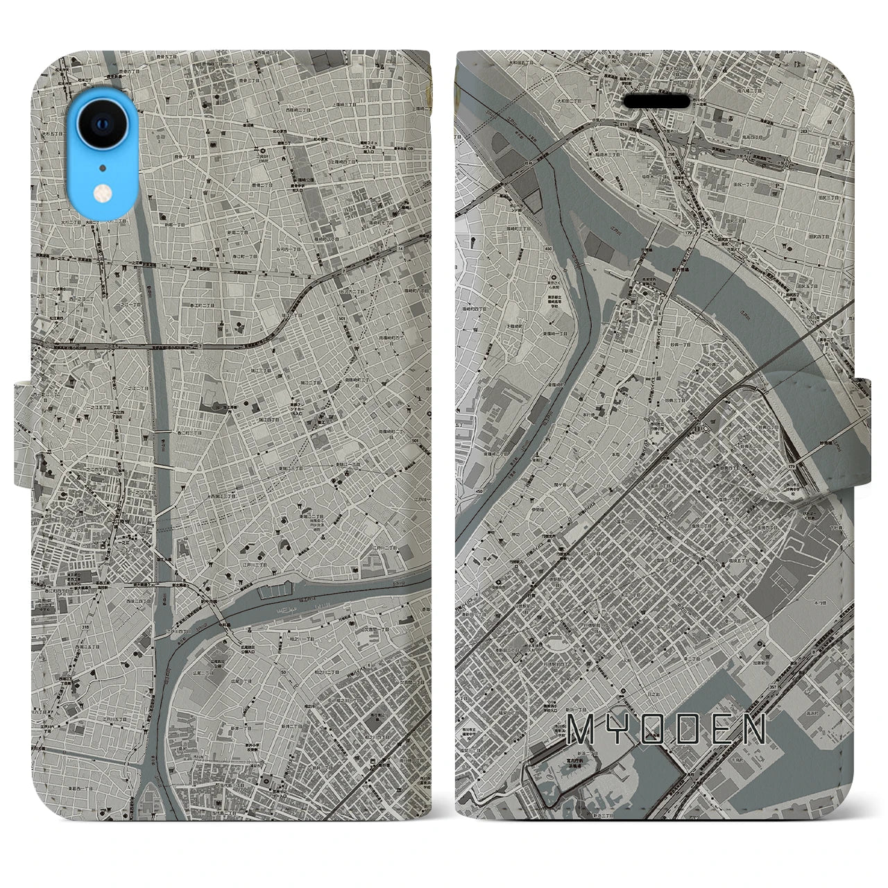 【妙典(千葉県)】地図柄iPhoneケース(手帳タイプ)モノトーン・iPhone XR 用