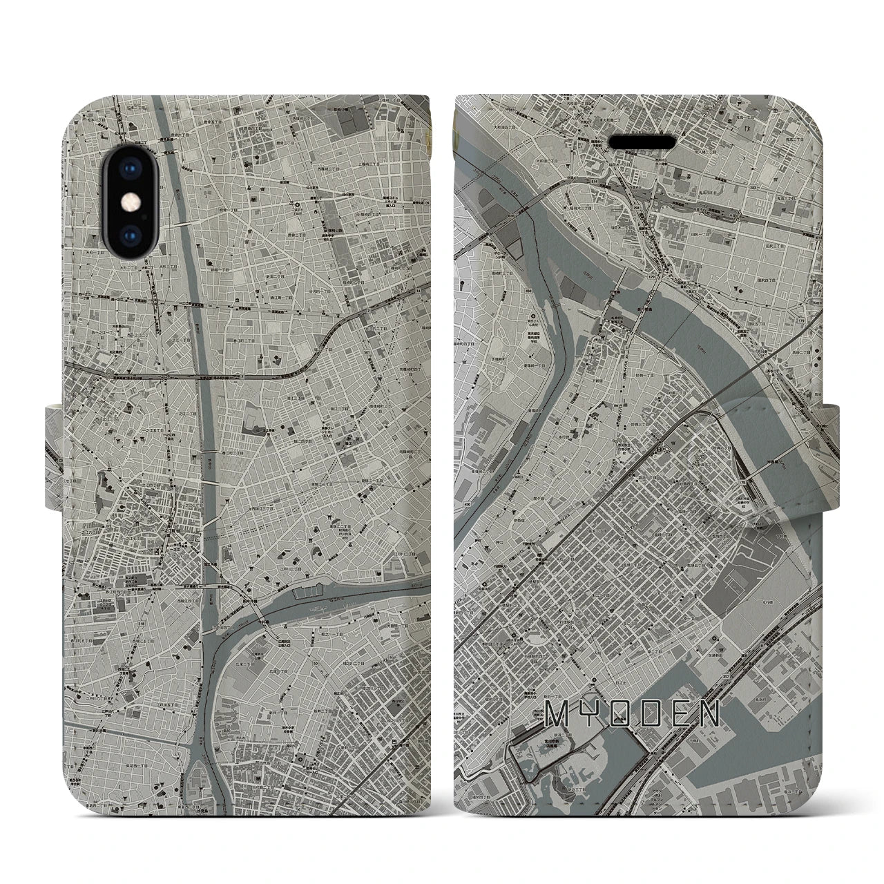 【妙典(千葉県)】地図柄iPhoneケース(手帳タイプ)モノトーン・iPhone XS / X 用