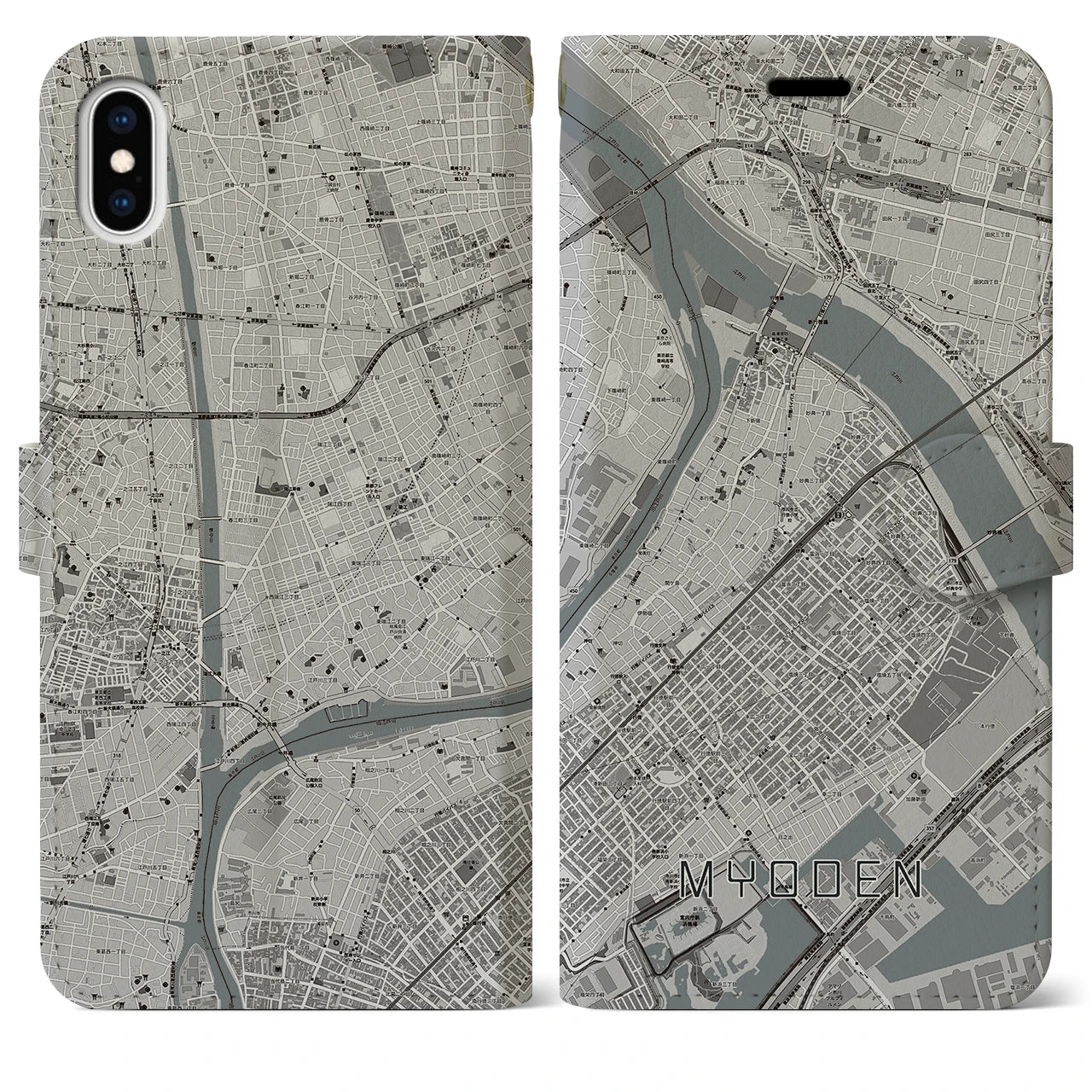 【妙典(千葉県)】地図柄iPhoneケース(手帳タイプ)モノトーン・iPhone XS Max 用
