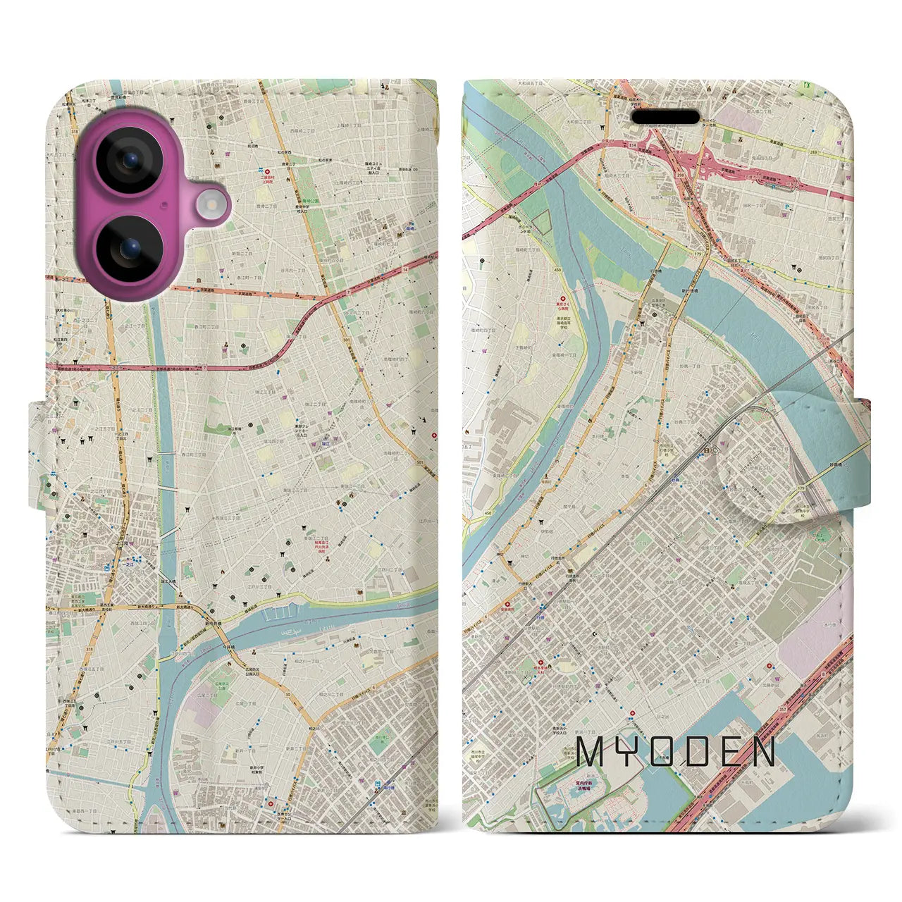 【妙典(千葉県)】地図柄iPhoneケース(手帳タイプ)ナチュラル・iPhone 16 Pro 用